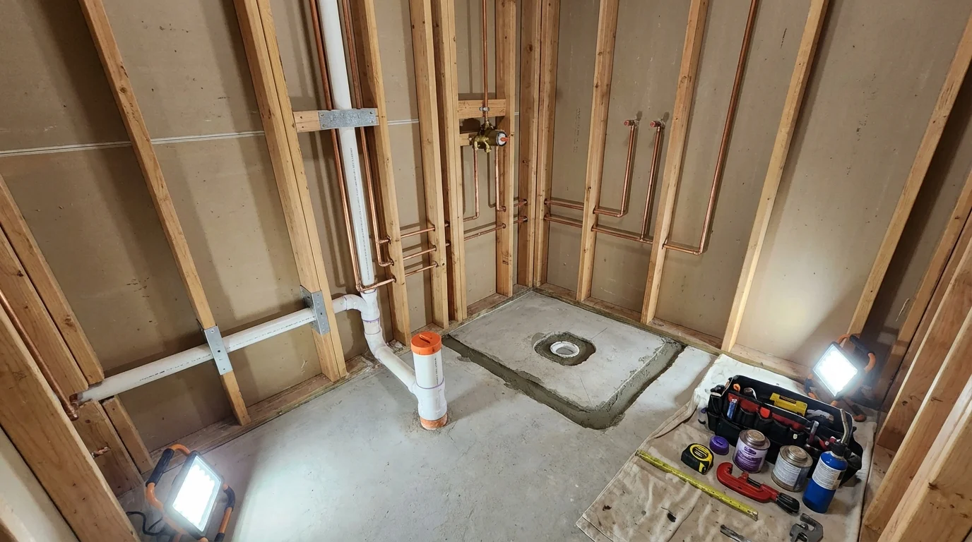 Bathroom rough-in plumbing during remodel by Johns Plumbing LLC in Dilworth