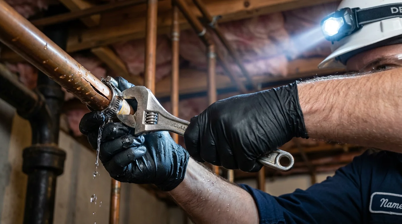 Emergency pipe clamp repair being performed by a Johns Plumbing LLC plumber in Dilworth